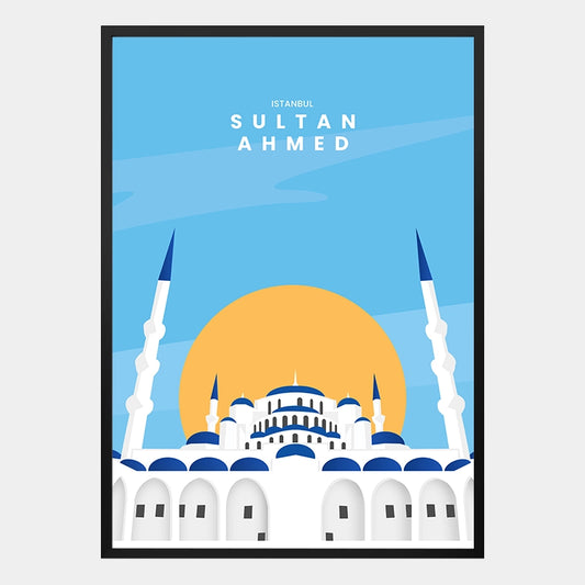 Islamisches Poster mit stilisierter Darstellung der Sultan-Ahmed-Moschee im mediterranen Santorini-Stil