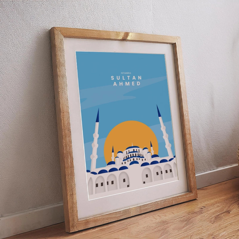 Islamisches Poster mit stilisierter Illustration der Sultan-Ahmed-Moschee im mediterranen Santorini-Stil