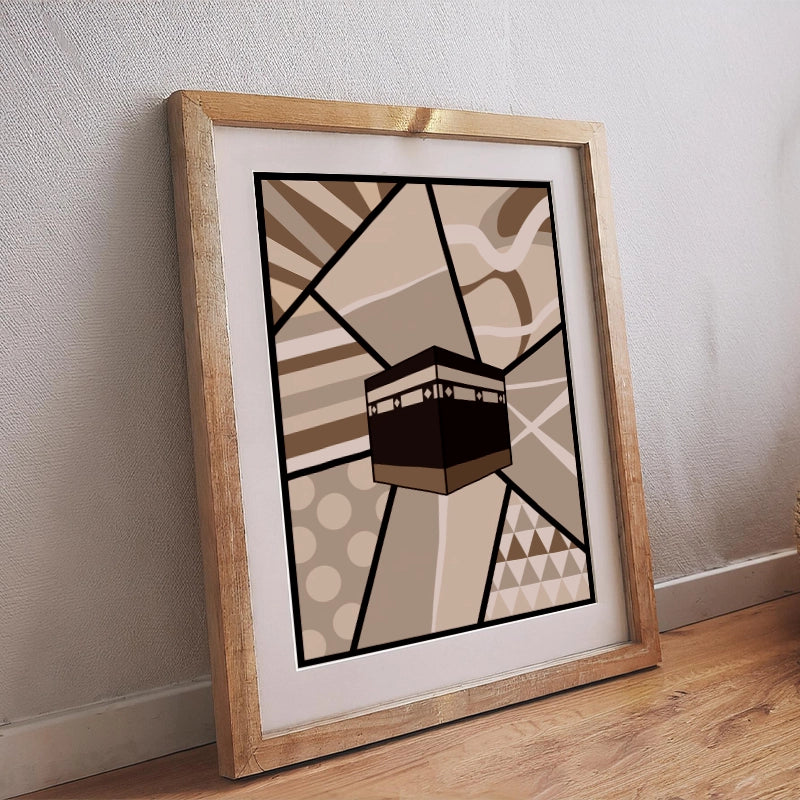 Islamisches Poster mit stilvoller Kaaba-Illustration in Beige-Braun, modern und spirituell gestaltet