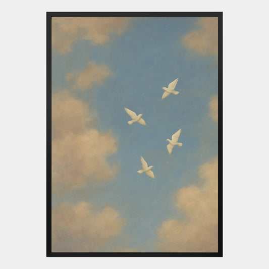 Himmel Poster mit vier weissen Tauben, blauer Hintergrund und sanfte Wolken, minimalistisches Wandbild für moderne Wohnräume