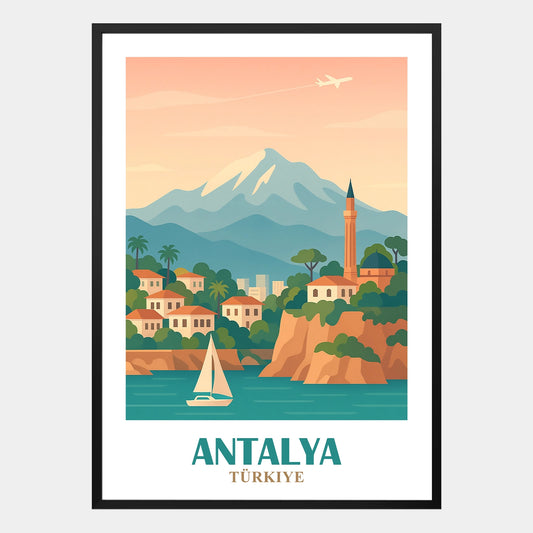 Antalya Poster – Türkisches Städteposter im Retrodesign mit Küstenpanorama und mediterraner Atmosphäre für stilvolle Wandgestaltung