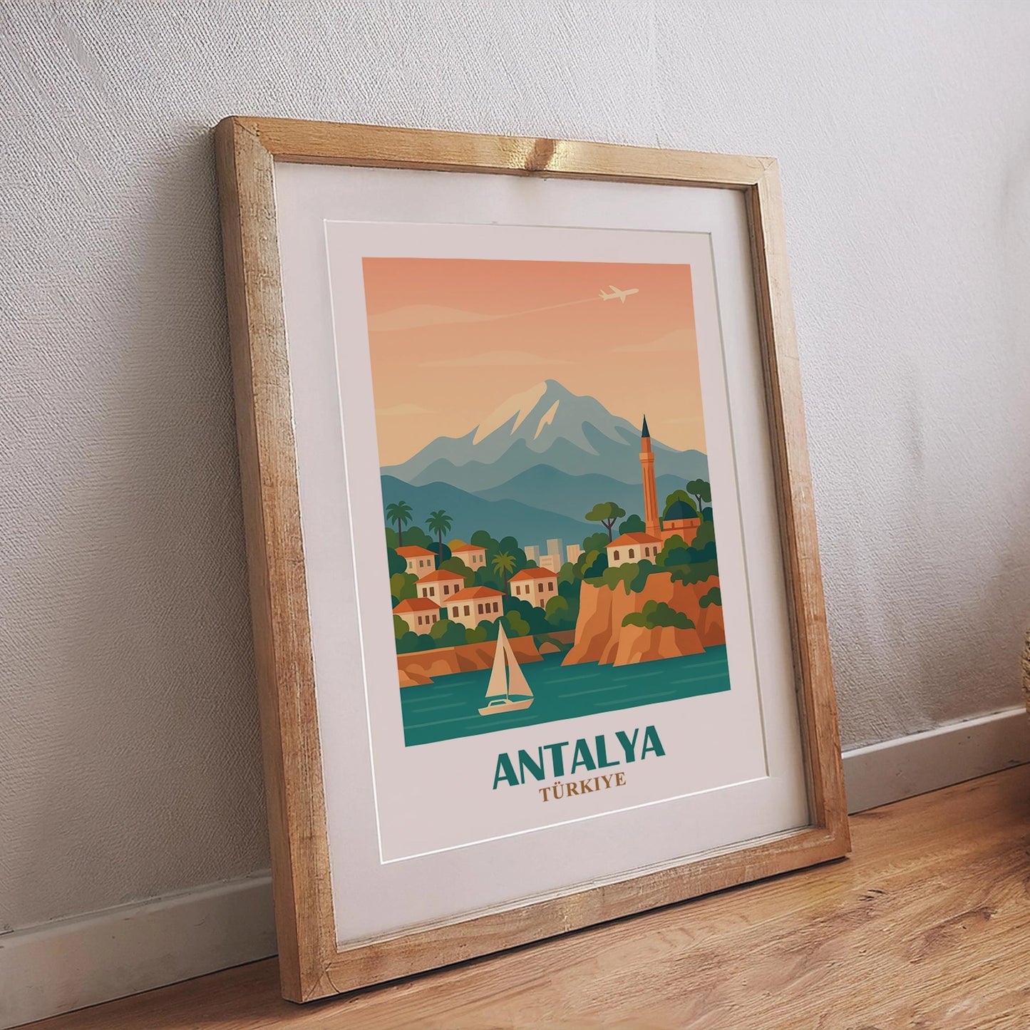 Antalya Poster – Retrodesign mit Altstadt und Küstenblick, mediterranes Flair für moderne Wanddekoration