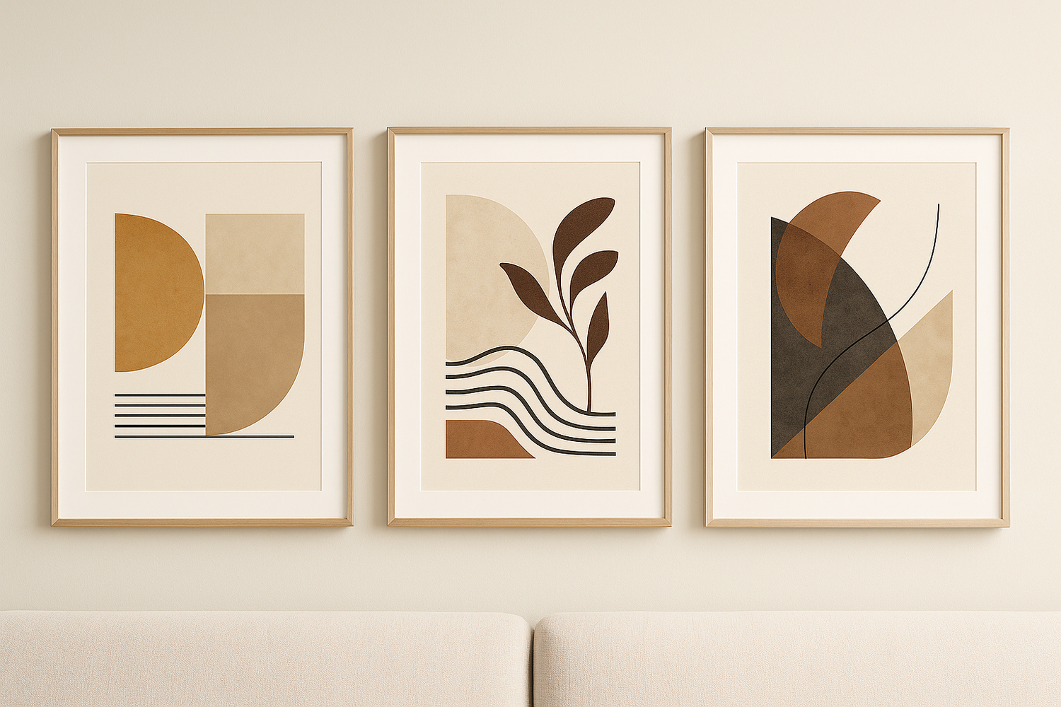 Abstrakte Poster Wohnzimmer Set mit drei minimalistischen Motiven in Braun und Beige, geometrische Formen und Naturlinien im Holzrahmen