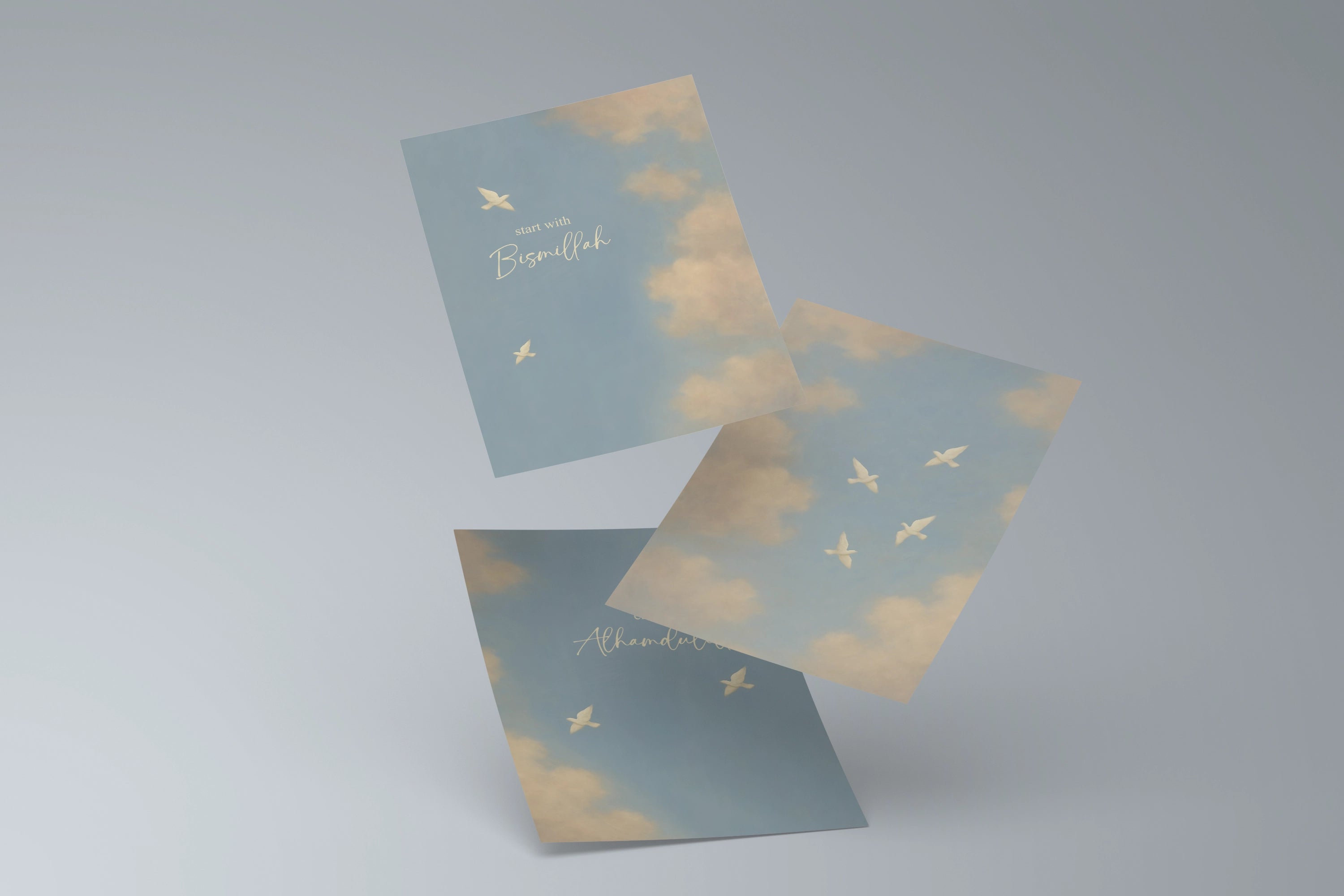 Bismillah Poster Set mit drei Prints, Wolkenhimmel und weissen Vögeln, kalligrafische Texte wie Alhamdulillah und Start with Bismillah