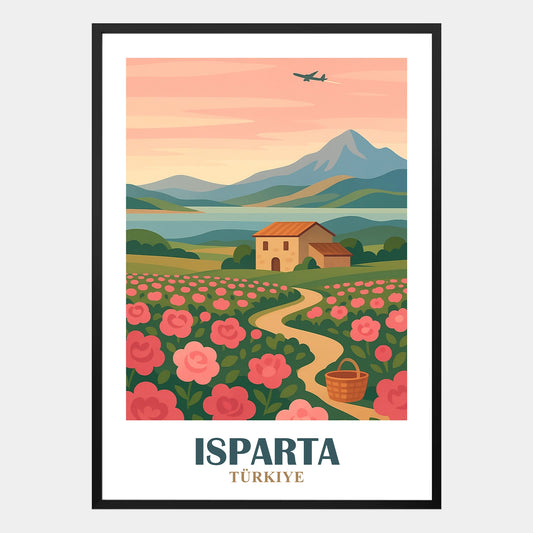 Isparta Poster mit blühenden Rosenfeldern, kleinem Steinhaus, Korb, See und Bergen im Sonnenuntergang, dekoratives Wandbild Türkei