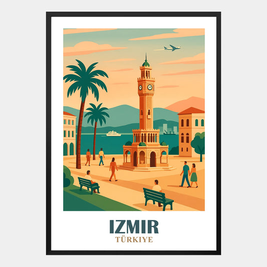 Izmir Wandposter Türkei mit Konak Uhrturm, Menschen auf dem Platz, Schiff im Hafen und mediterraner Landschaft, dekorativer Kunstdruck
