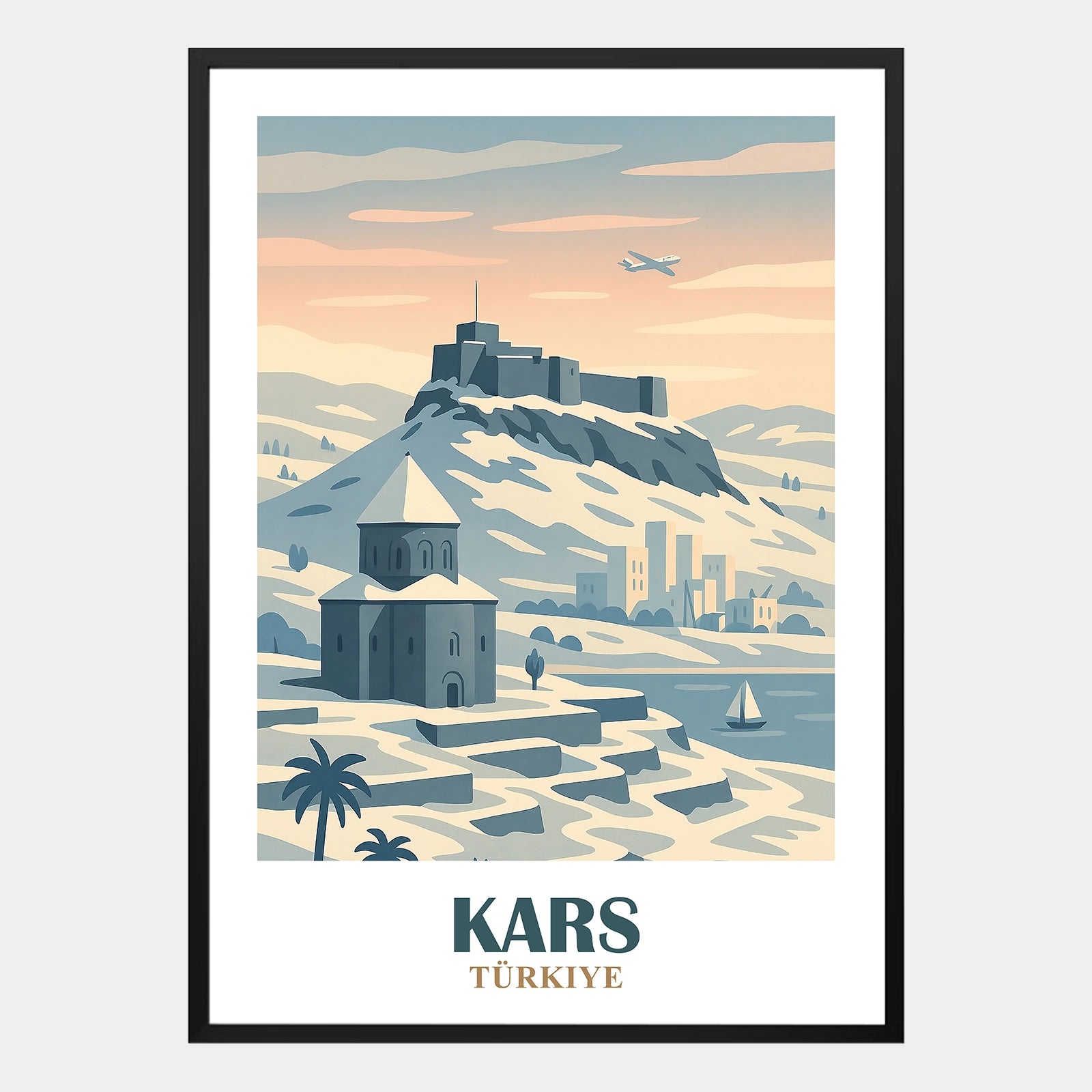 Kars Poster mit verschneiter Festung, alter armenischer Kirche, Bergen und Segelboot am Fluss in der Türkei, stimmungsvolles Wandbild Winterlandschaft