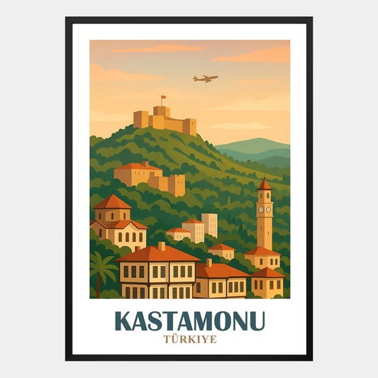 Kastamonu Poster mit historischer Burg auf bewaldetem Hügel, Uhrturm, osmanischen Häusern und grünem Tal in der Türkei, dekoratives Wandbild