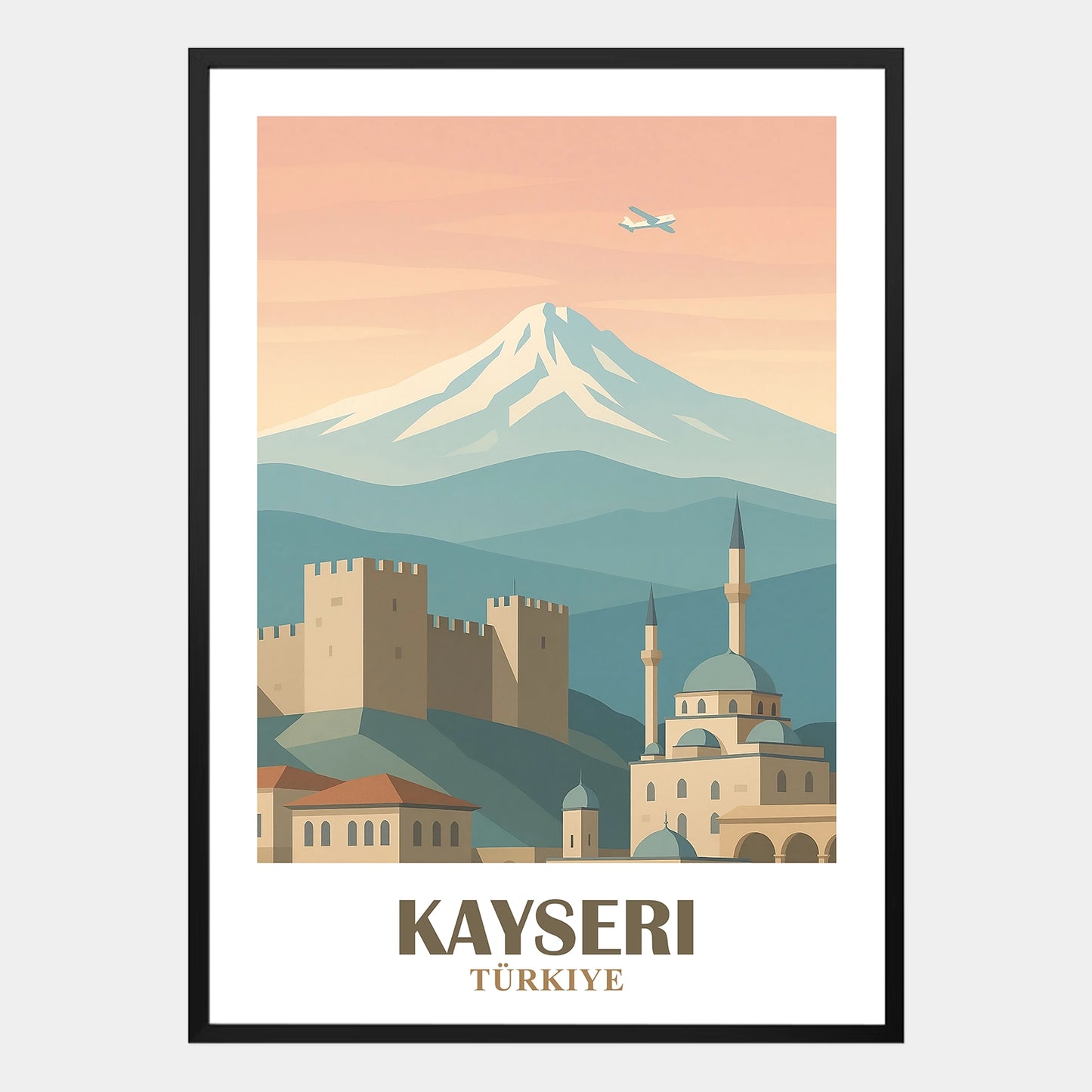 Kayseri Poster mit schneebedecktem Erciyes Berg, historischer Festung, grosser Moschee und traditionellen Gebäuden in der Türkei, dekoratives Wandbild