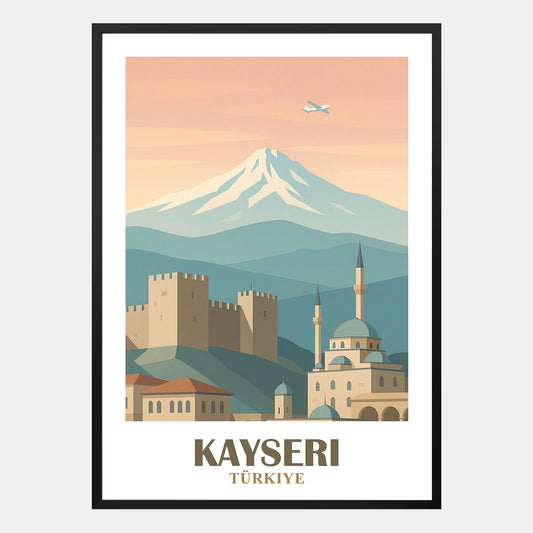 Kayseri Poster mit schneebedecktem Erciyes Berg, historischer Festung, grosser Moschee und traditionellen Gebäuden in der Türkei, dekoratives Wandbild
