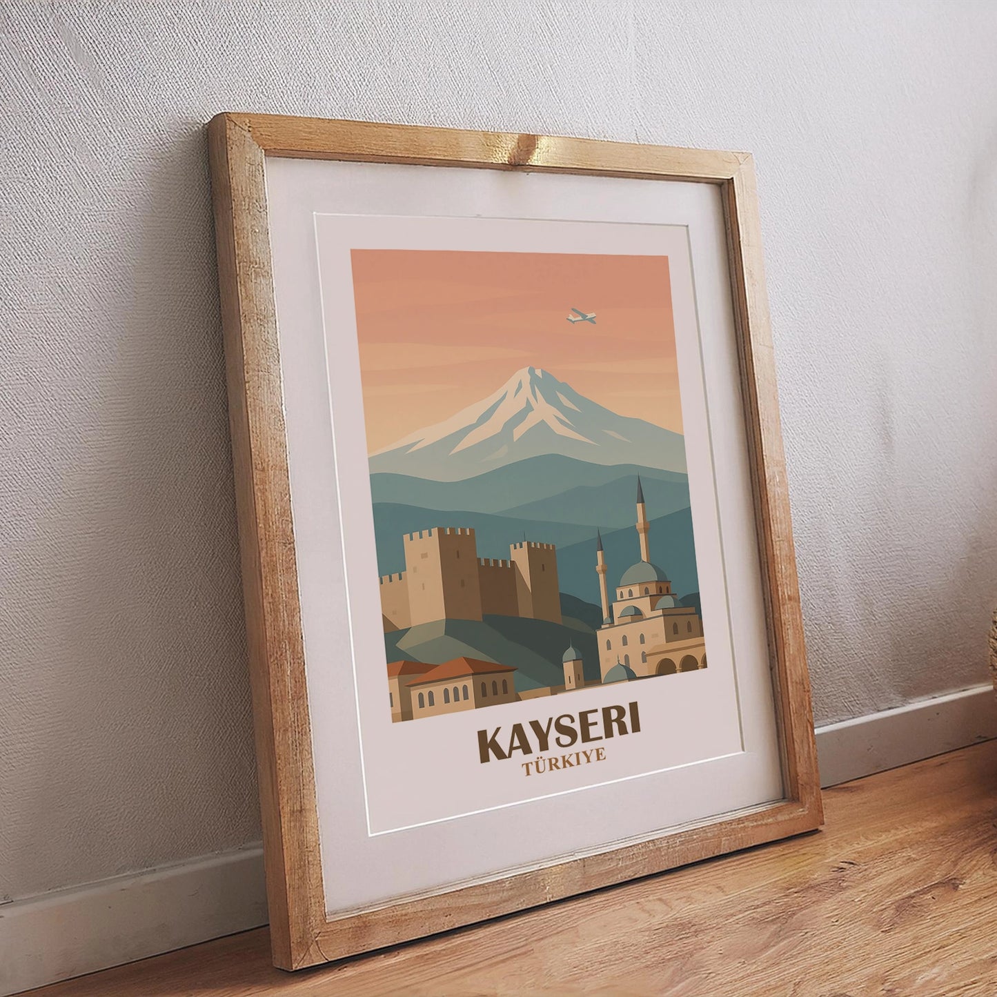 Kayseri Wandposter Türkei mit Erciyes Vulkan, Burganlage, Kuppelmoschee und Altstadt im sanften Abendlicht, stilvoller Kunstdruck für Wohnräume