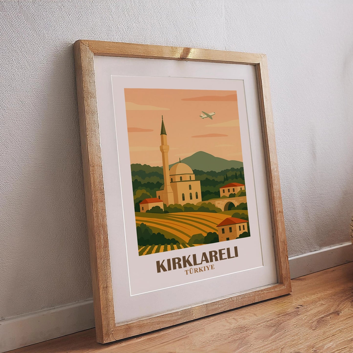 Kirklareli Wandposter Tuerkei mit Kuppelmoschee, Landhaeusern, Bruecke und malerischen Feldern im Sonnenuntergang, stilvoller Kunstdruck fuer Wohnraeume