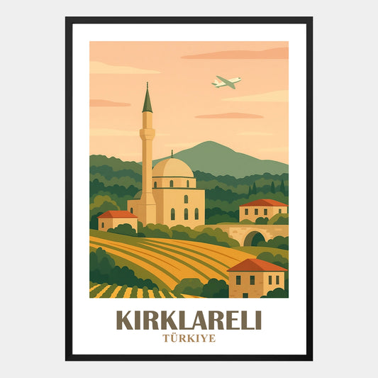 Kirklareli Poster mit grosser Moschee, Minarett, Weinbergen, traditionellen Haeusern und gruenen Huegeln in der Tuerkei, dekoratives Landschaftsbild