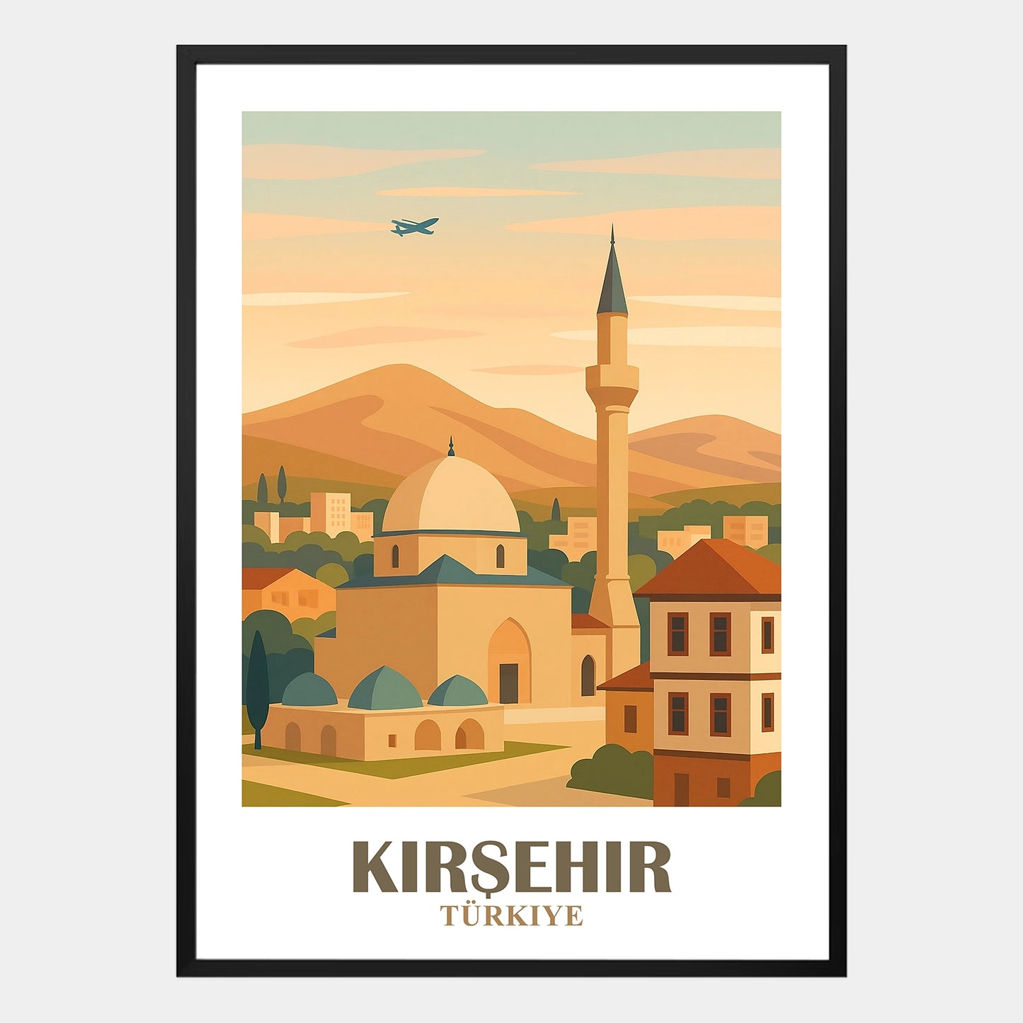 Kirsehir Poster mit historischer Moschee, Minarett, traditionellen Häusern und Hügeln in der Türkei, stilvolles Wandbild orientalische Architektur