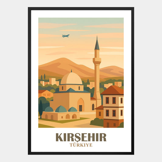 Kirsehir Poster mit historischer Moschee, Minarett, traditionellen Häusern und Hügeln in der Türkei, stilvolles Wandbild orientalische Architektur