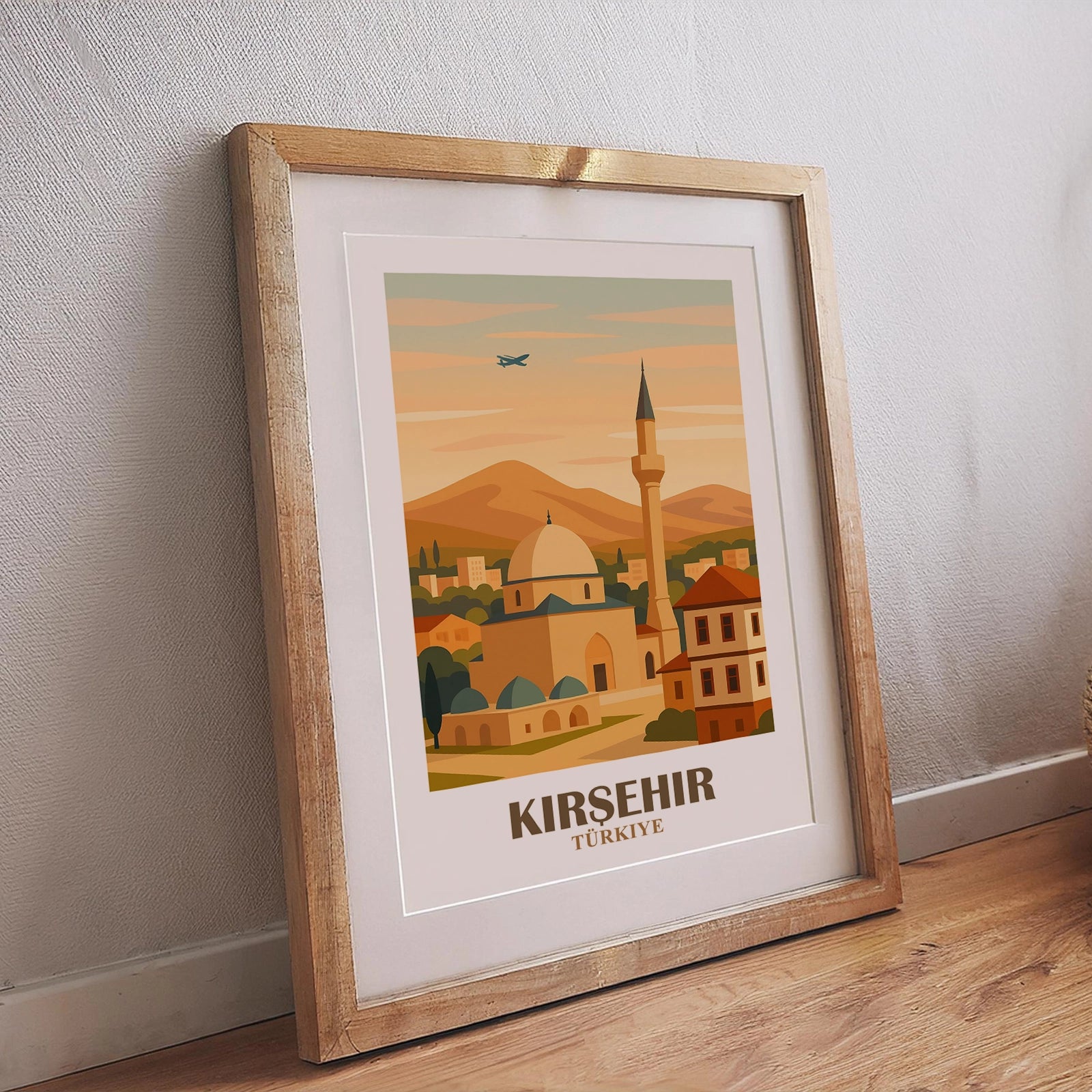 kirsehir Wandposter Türkei mit Kuppelmoschee, Altstadtgebäuden und sanften Bergen im Sonnenuntergang, dekorativer Kunstdruck für Wohnzimmer