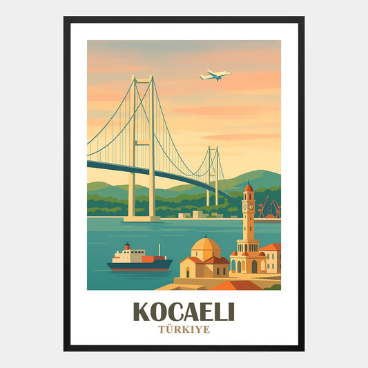 Kocaeli Poster mit Hängebrücke Osman-Gazi, Schiffen, historischer Uhrturm und Moschee am Meer in der Türkei, dekoratives maritimes Wandbild
