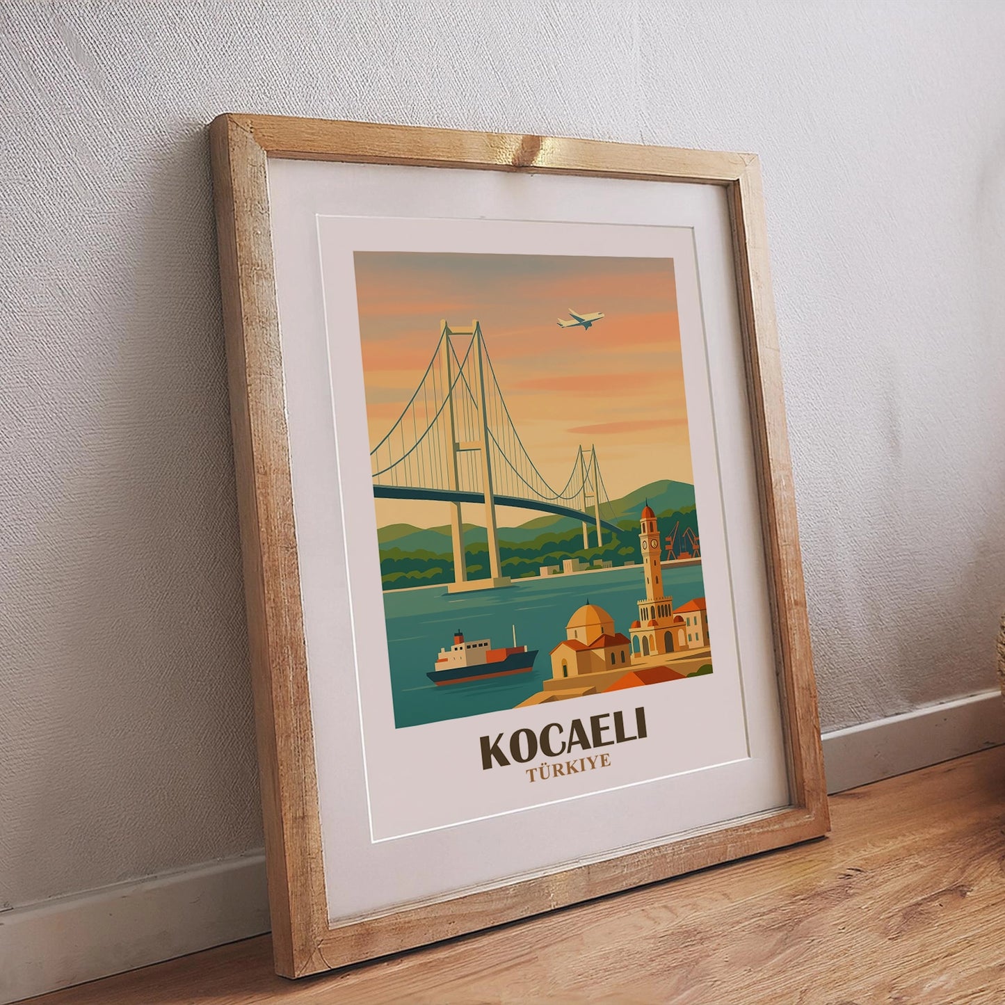Kocaeli Wandposter Türkei mit großer Brücke, Fähre, osmanischer Architektur und Hafenlandschaft im Sonnenuntergang, stilvoller Kunstdruck