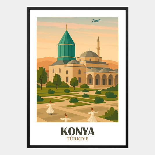 Konya Poster mit Mevlana Mausoleum, tanzenden Derwischen, Minarett und Gartenanlage in der Türkei, stilvolles Wandbild spirituelle Kultur
