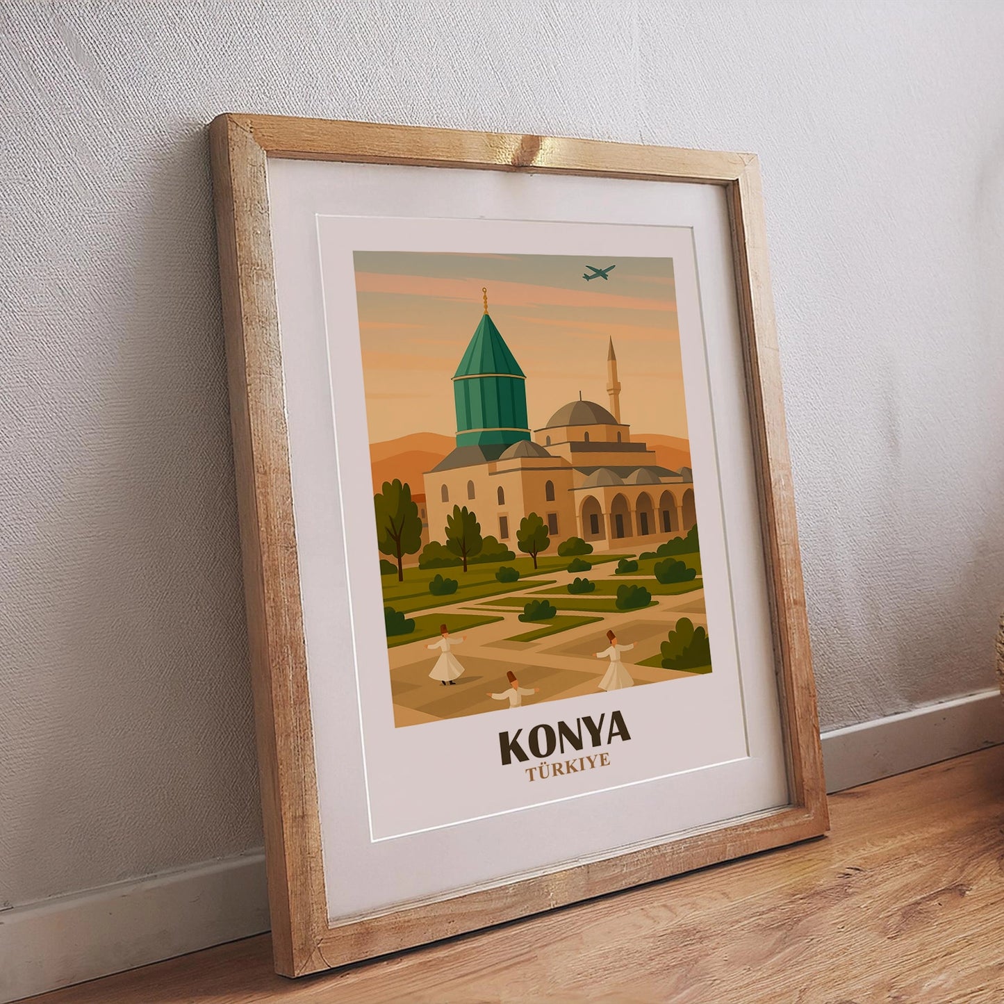 Konya Wandposter Türkei mit grünem Mevlana-Dom, Sufi-Derwischen, Moschee und Park im Sonnenuntergang, dekorativer Kunstdruck orientalisch inspiriert