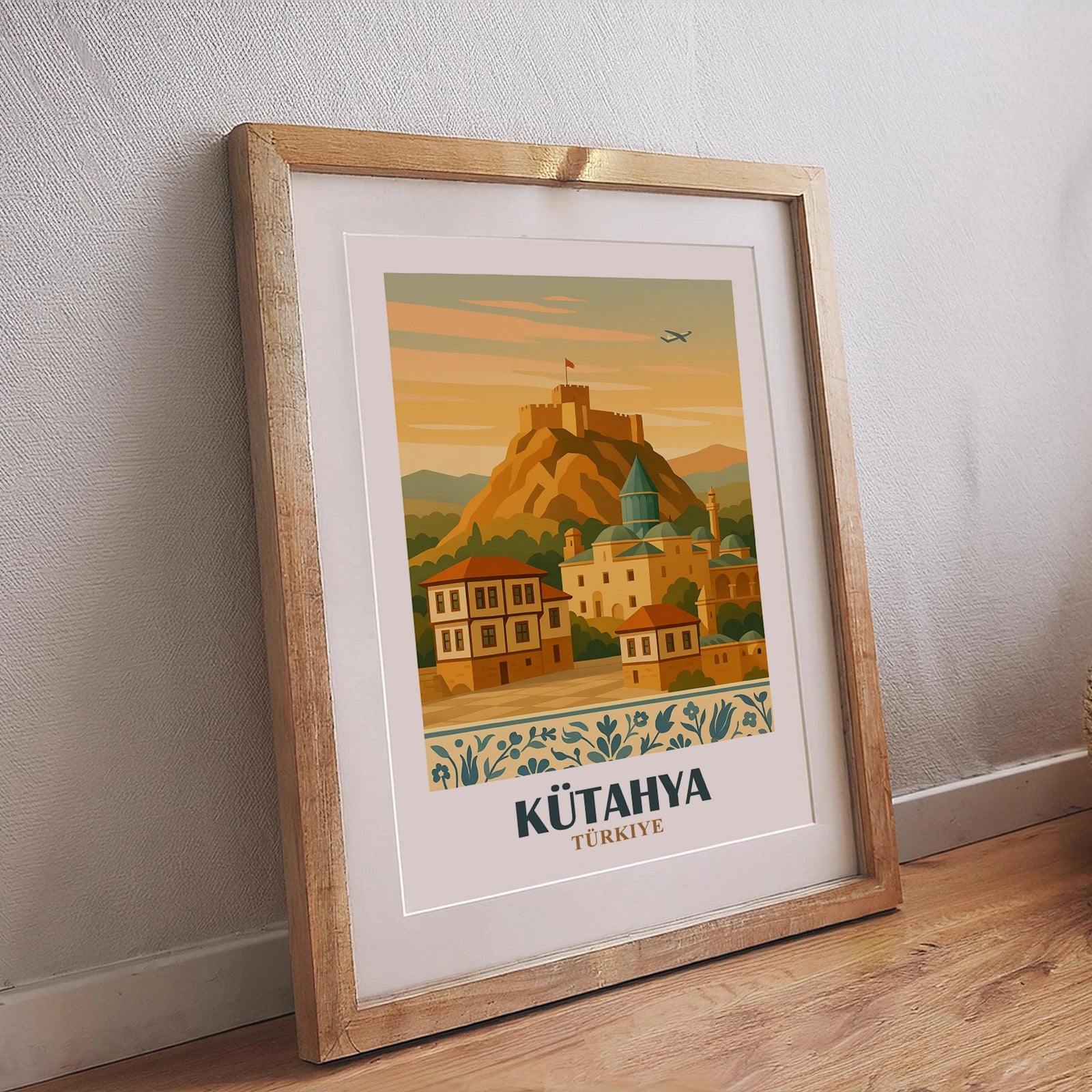 Kütahya Wandposter Türkei mit Festung, osmanischen Gebäuden, Minarett und malerischen Hügeln im Sonnenuntergang, stilvoller Kunstdruck für Wohnzimmer