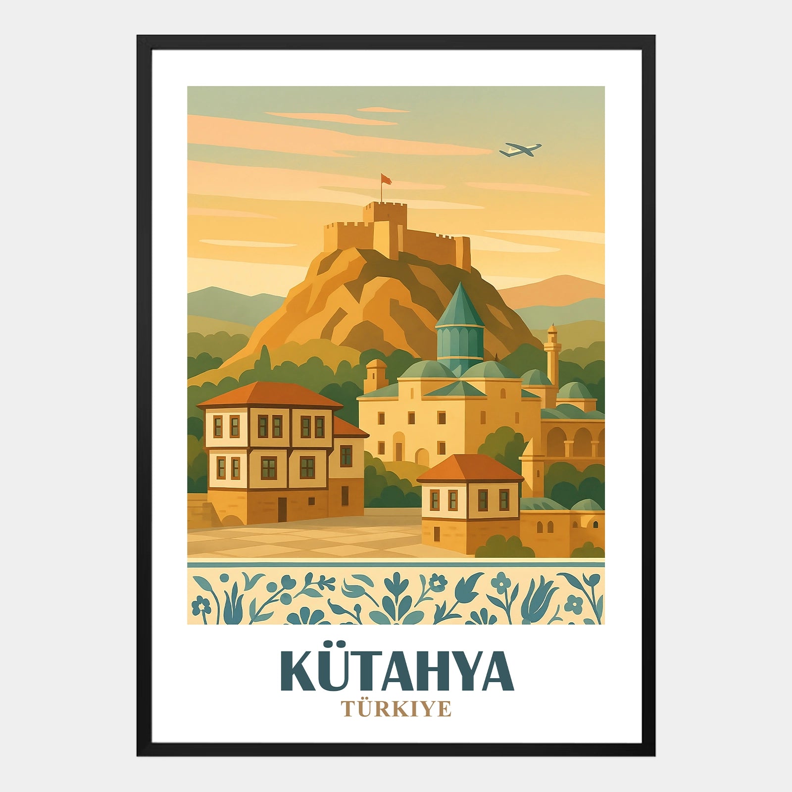 Kütahya Poster mit historischer Burg auf Felsen, traditionellen Häusern und Moschee in der Türkei, nostalgisches Architektur-Wandbild im Vintage-Stil