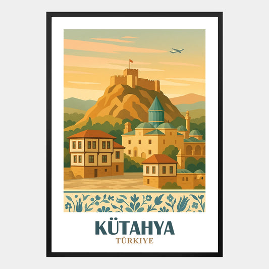 Kütahya Poster mit historischer Burg auf Felsen, traditionellen Häusern und Moschee in der Türkei, nostalgisches Architektur-Wandbild im Vintage-Stil