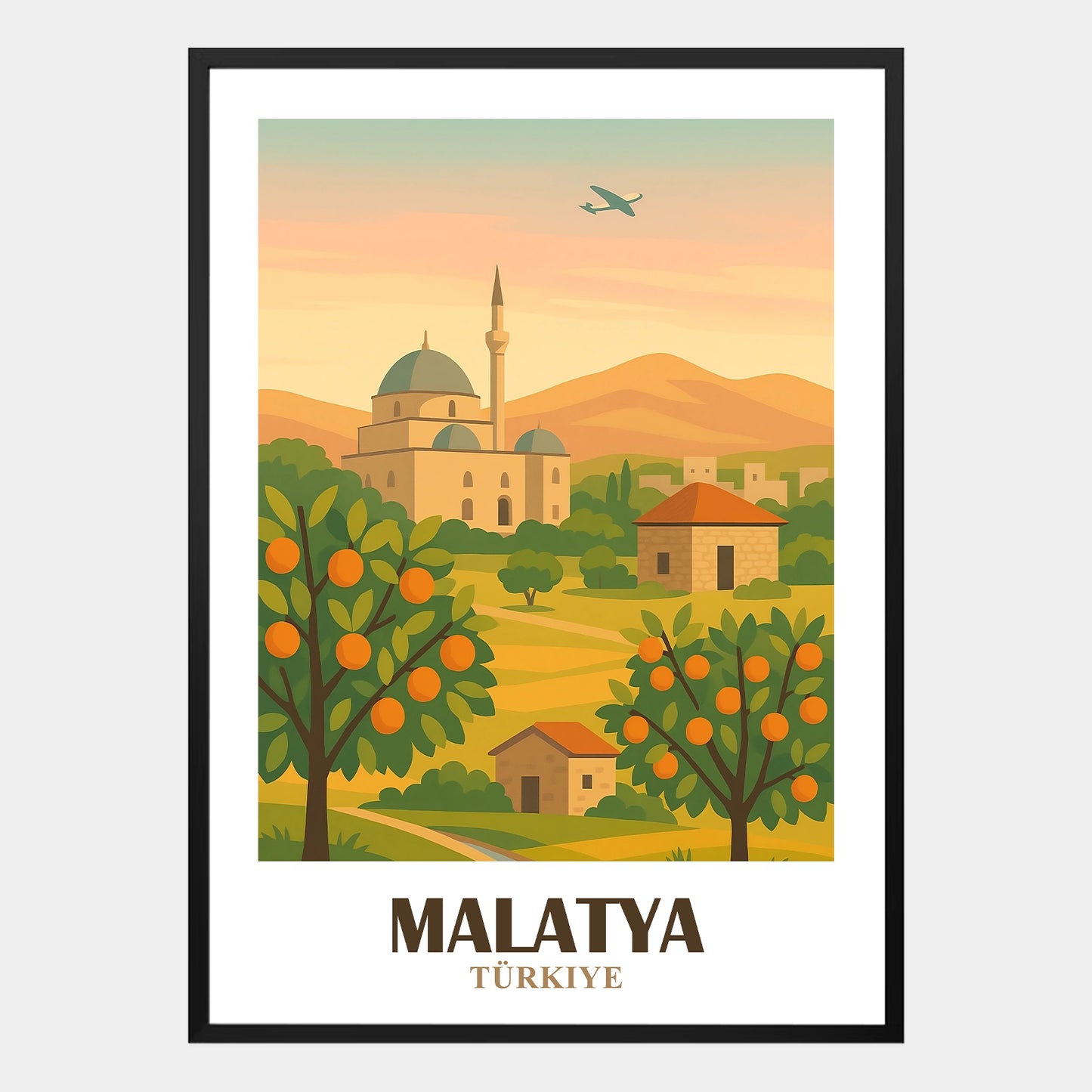 Malatya Poster mit Moschee, Orangenbäumen, traditionellem Dorf und Bergen in der Türkei, nostalgisches Landschaftsbild als dekoratives Wandposter