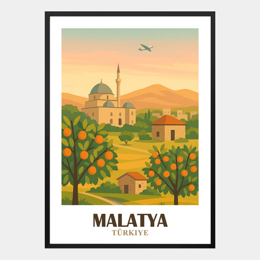 Malatya Poster mit Moschee, Orangenbäumen, traditionellem Dorf und Bergen in der Türkei, nostalgisches Landschaftsbild als dekoratives Wandposter