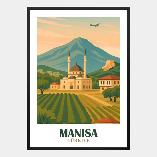 Manisa Poster mit großer Moschee vor Spil Dağı Berglandschaft in der Türkei, Weinberge und Dorfhäuser im Sonnenuntergang, dekoratives Wandbild orientalischer Stil