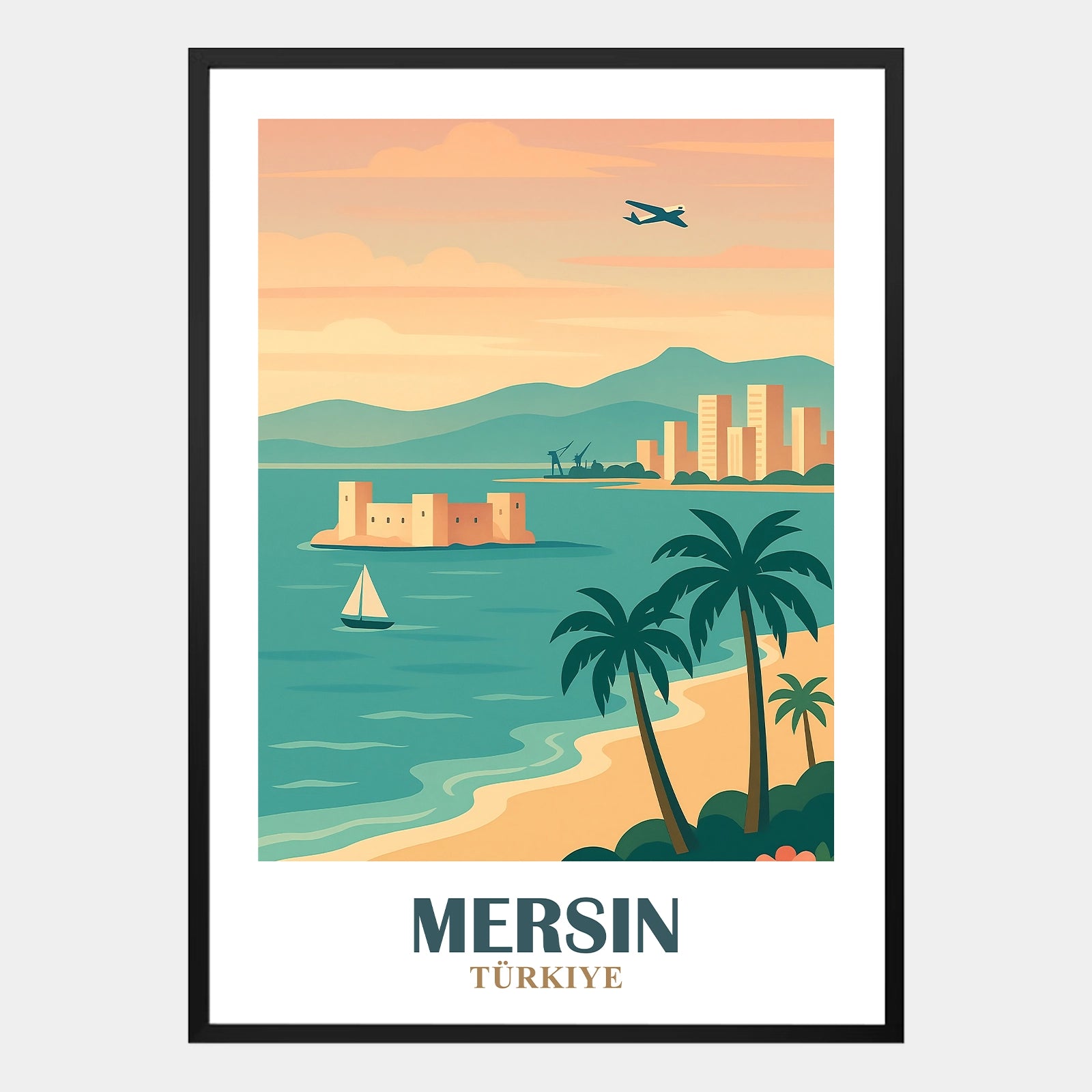 Mersin Poster mit Küste in der Türkei, Palmenstrand, Segelboot, Burg Kızkalesi, moderner Skyline und Flugzeug im Sonnenuntergang, stilvolles Wandbild Reiseinspiration