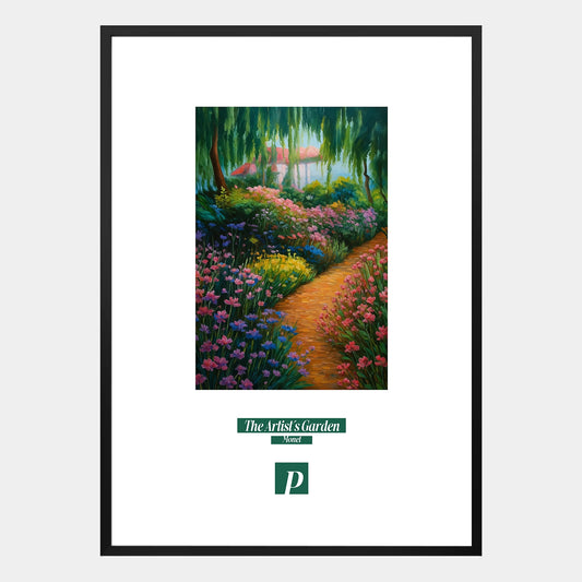 Poster „The Artist’s Garden“ mit malerischem Gartenmotiv und weiter Landschaft im Hintergrund
