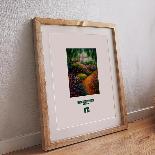 Poster „The Artist’s Garden“ mit malerischem Gartenmotiv und weiter Landschaft im Hintergrund, inspiriert von Monet